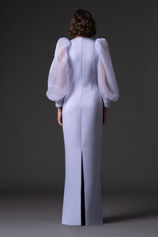 Scuba crepe dress with puffed organza sleeves and crystal embroidered cuffs and pockets