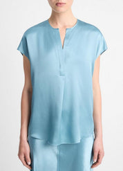 Silk Cap-Sleeve Half-Placket Blouse