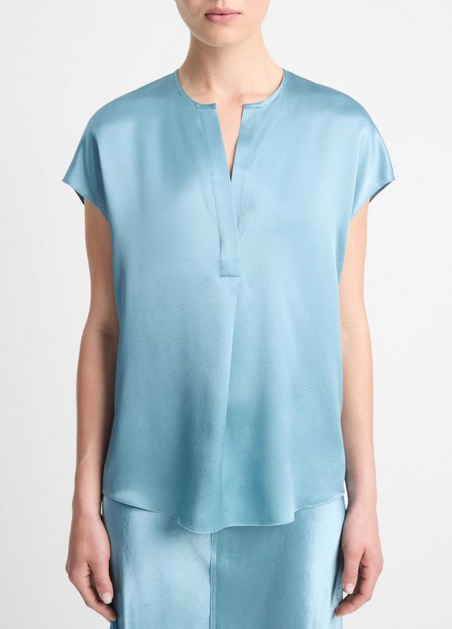 Silk Cap-Sleeve Half-Placket Blouse