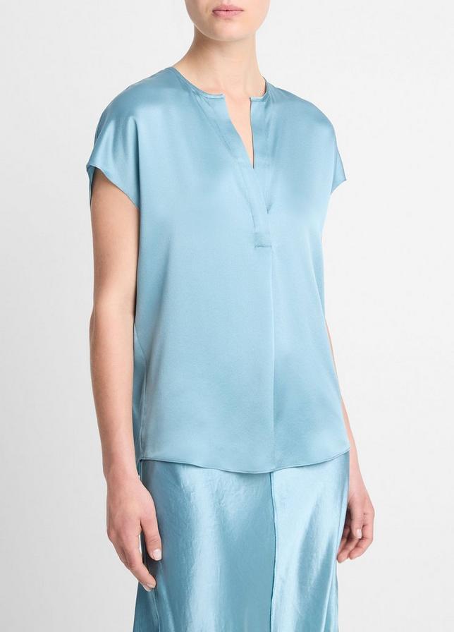 Silk Cap-Sleeve Half-Placket Blouse