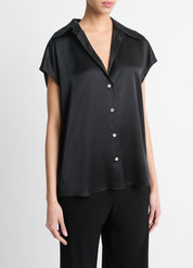 Silk Cap-Sleeve Ruched-Back Blouse