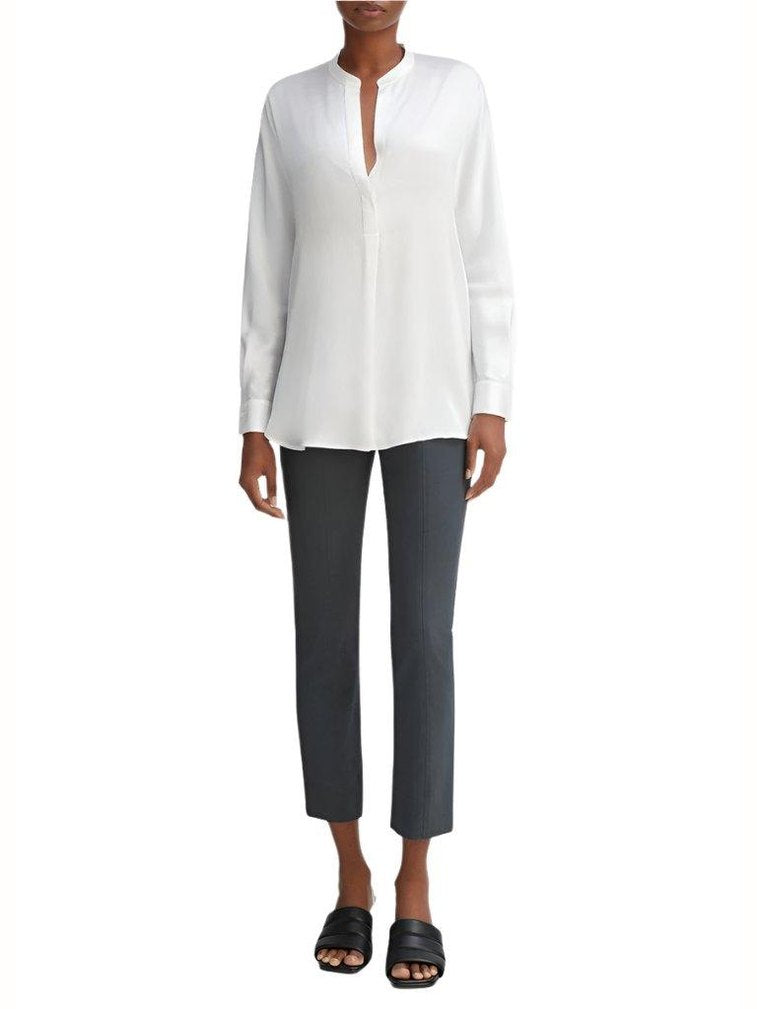 Silk satin band-collar blouse