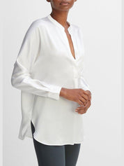 Silk satin band-collar blouse