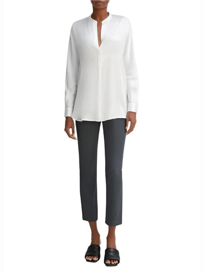 Silk satin band-collar blouse