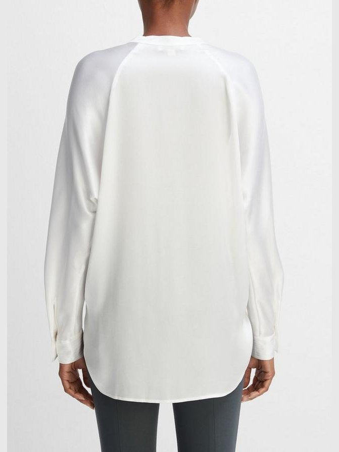 Silk satin band-collar blouse