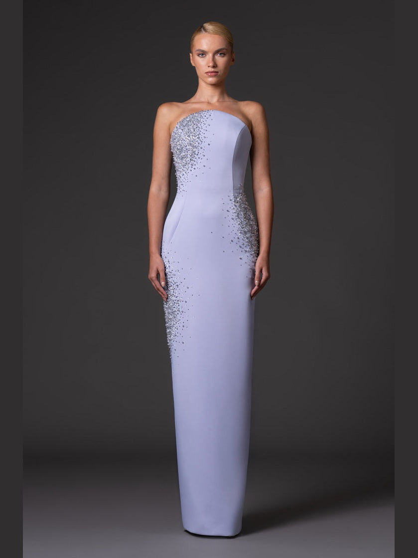 Strapless scuba crepe dress with crystal embroidery