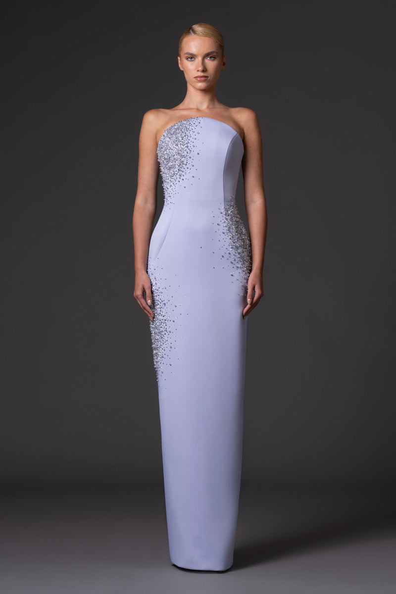 Strapless scuba crepe dress with crystal embroidery
