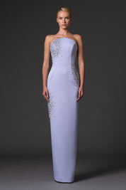 Strapless scuba crepe dress with crystal embroidery