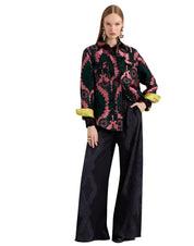 Palazzo Pants Portal Laser Black in Viscose Satin Stretch