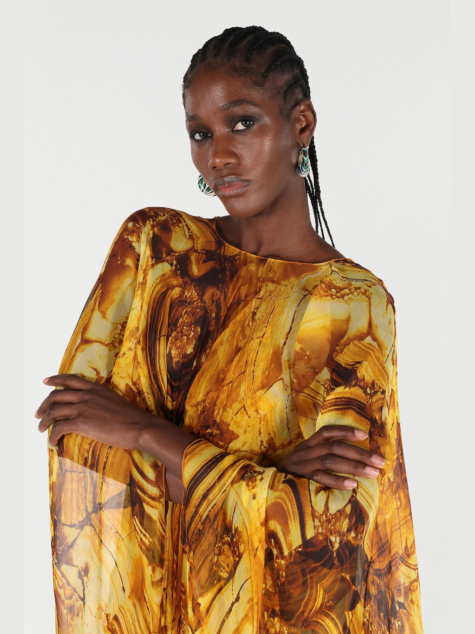 Silk caftan dress with amber print