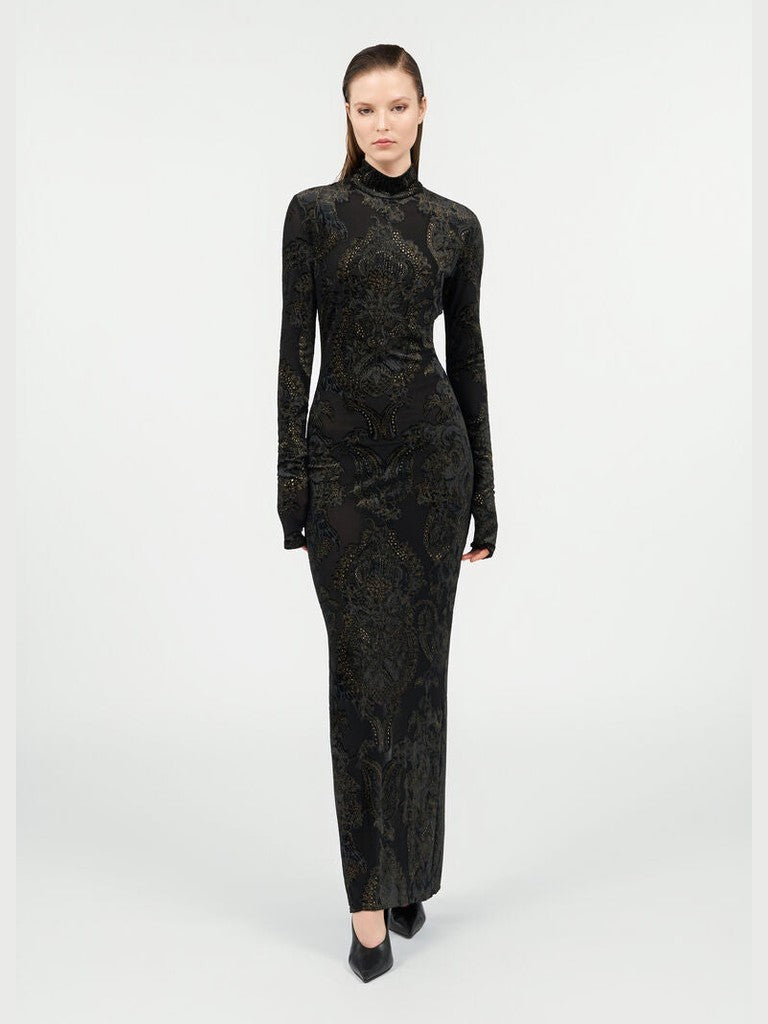 Dress with ornamental black print