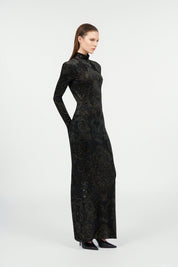 Dress with ornamental black print