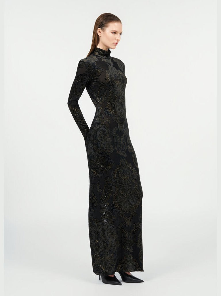 Dress with ornamental black print