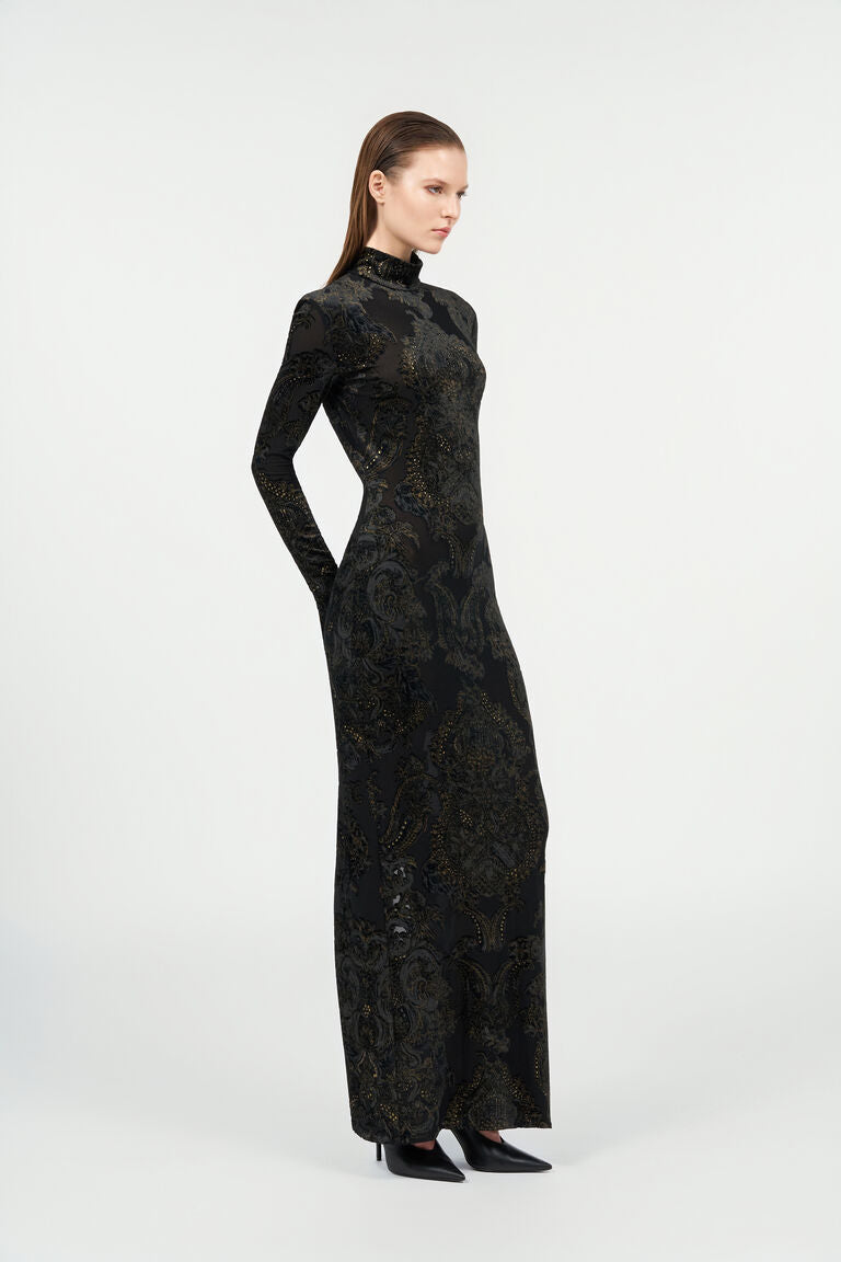 Dress with ornamental black print