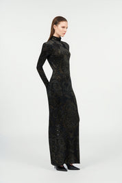 Dress with ornamental black print