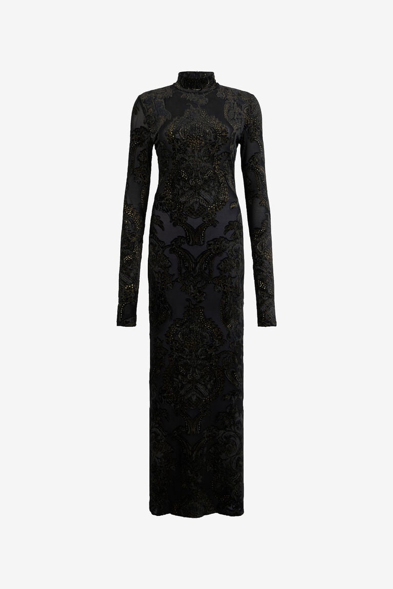 Dress with ornamental black print