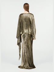 Asymmetric gold lamé dress