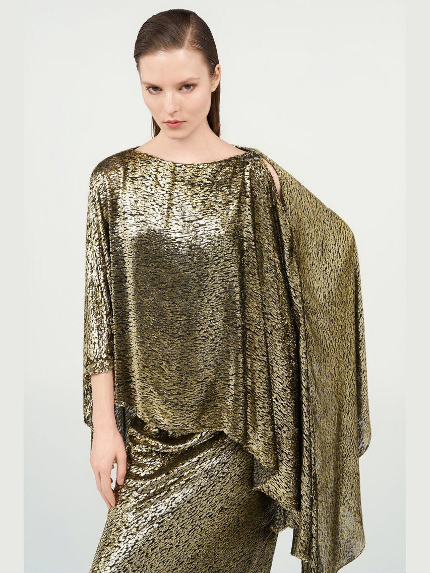 Asymmetric gold lamé dress