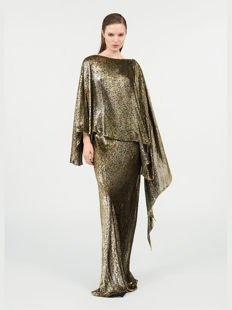 Asymmetric gold lamé dress