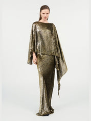 Asymmetric gold lamé dress