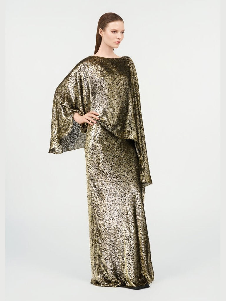 Asymmetric gold lamé dress