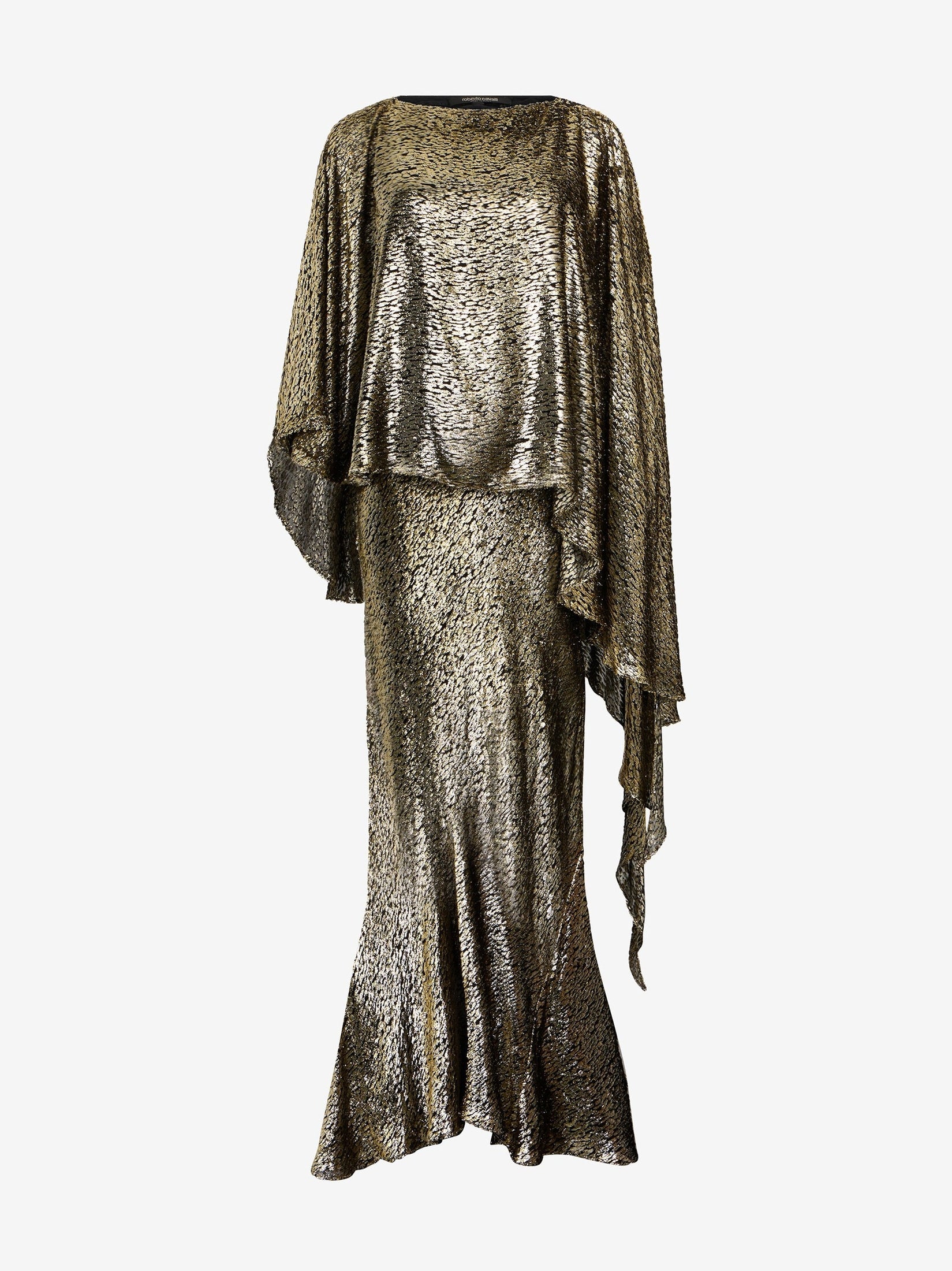 Asymmetric gold lamé dress