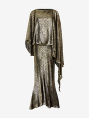Asymmetric gold lamé dress