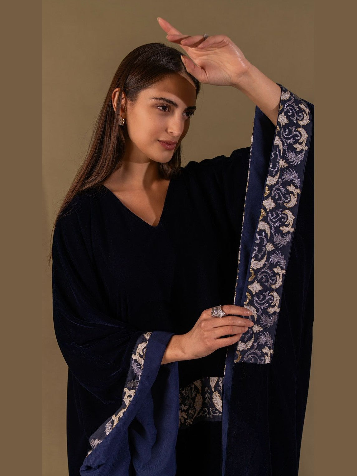 Navy velvet dress with embroidered trims on the bodice and sleeves