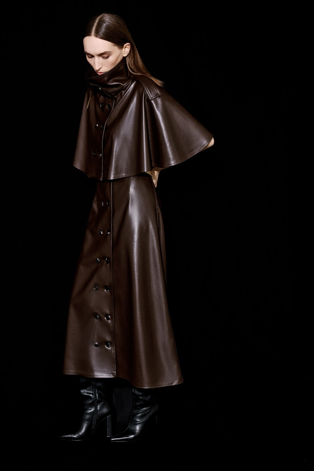 Brown vegan leather midi skirt