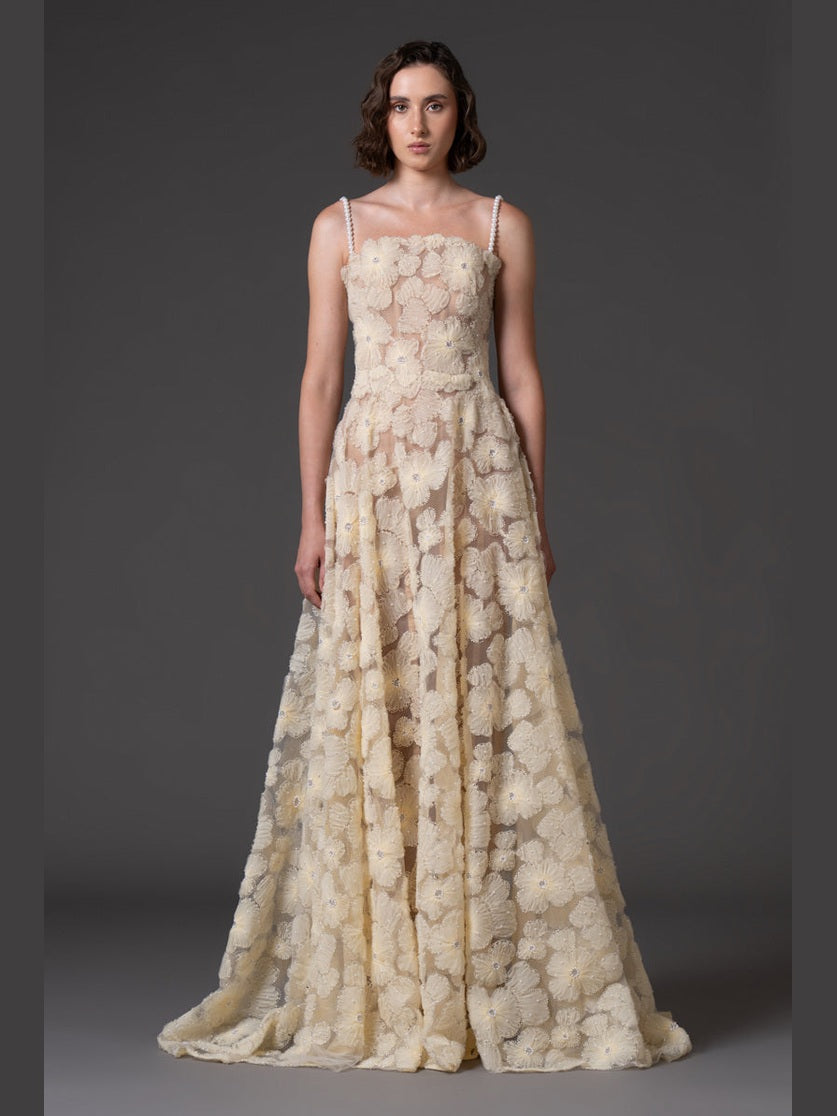 Flower embroidered tulle gown with pearl straps