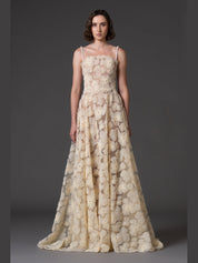 Flower embroidered tulle gown with pearl straps