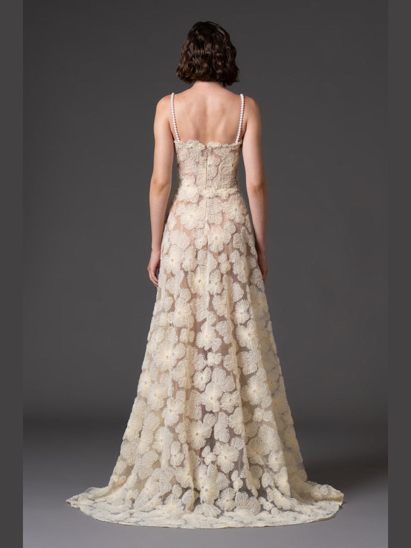 Flower embroidered tulle gown with pearl straps