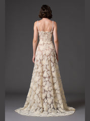 Flower embroidered tulle gown with pearl straps