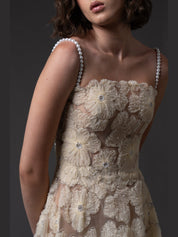 Flower embroidered tulle gown with pearl straps