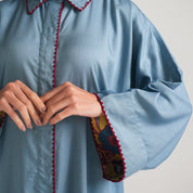 BLUE TENCEL COLLAR DRESS WITH SCARF