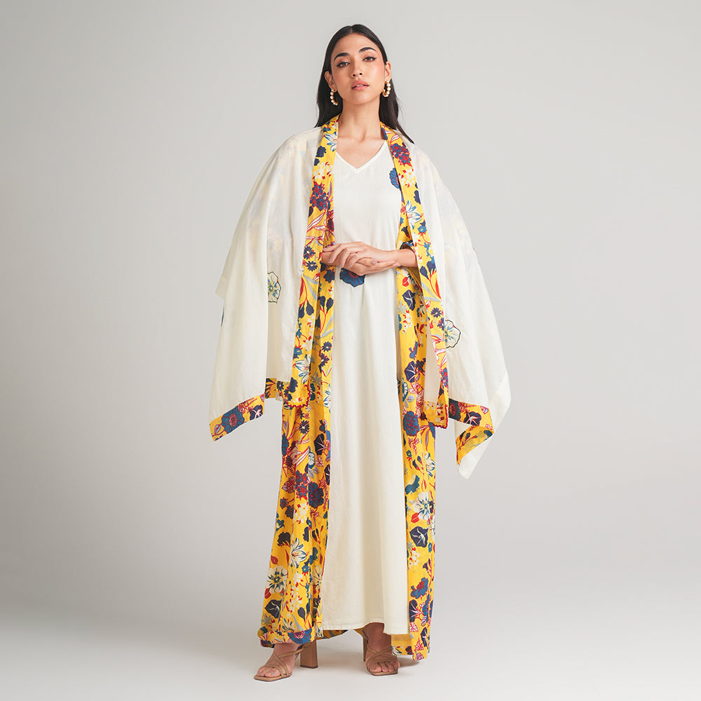 OFF WHITE PRITED DRESS WITH YELLOW CAPE AND SCARF