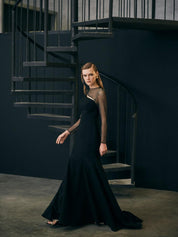 Long sleeve mermaid crepe gown with cutout neck detail