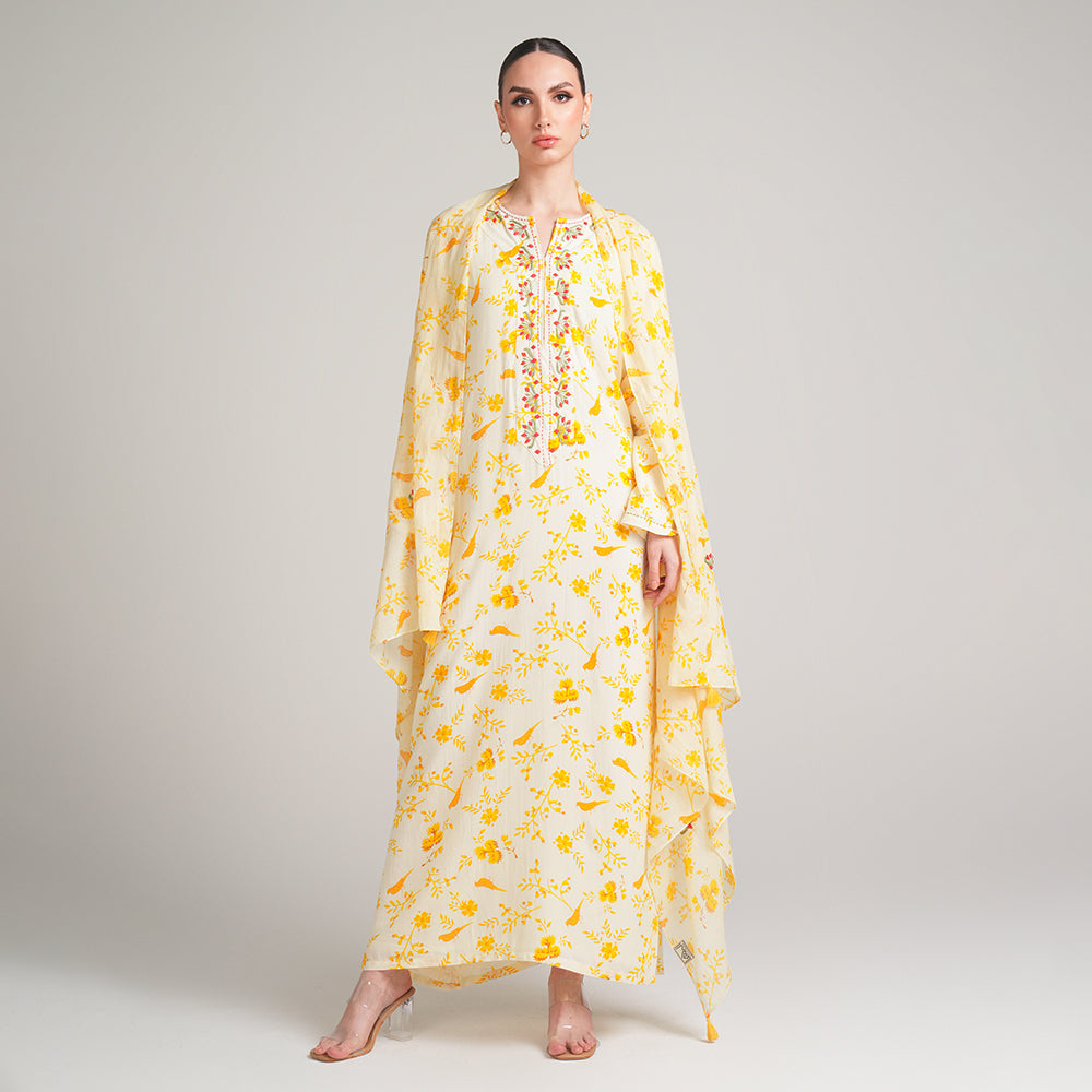 YELLOW PRINTED COTTON DRESS WITH SCARF