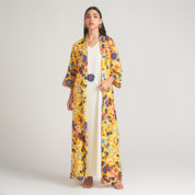 OFF WHITE PRITED DRESS WITH YELLOW CAPE AND SCARF