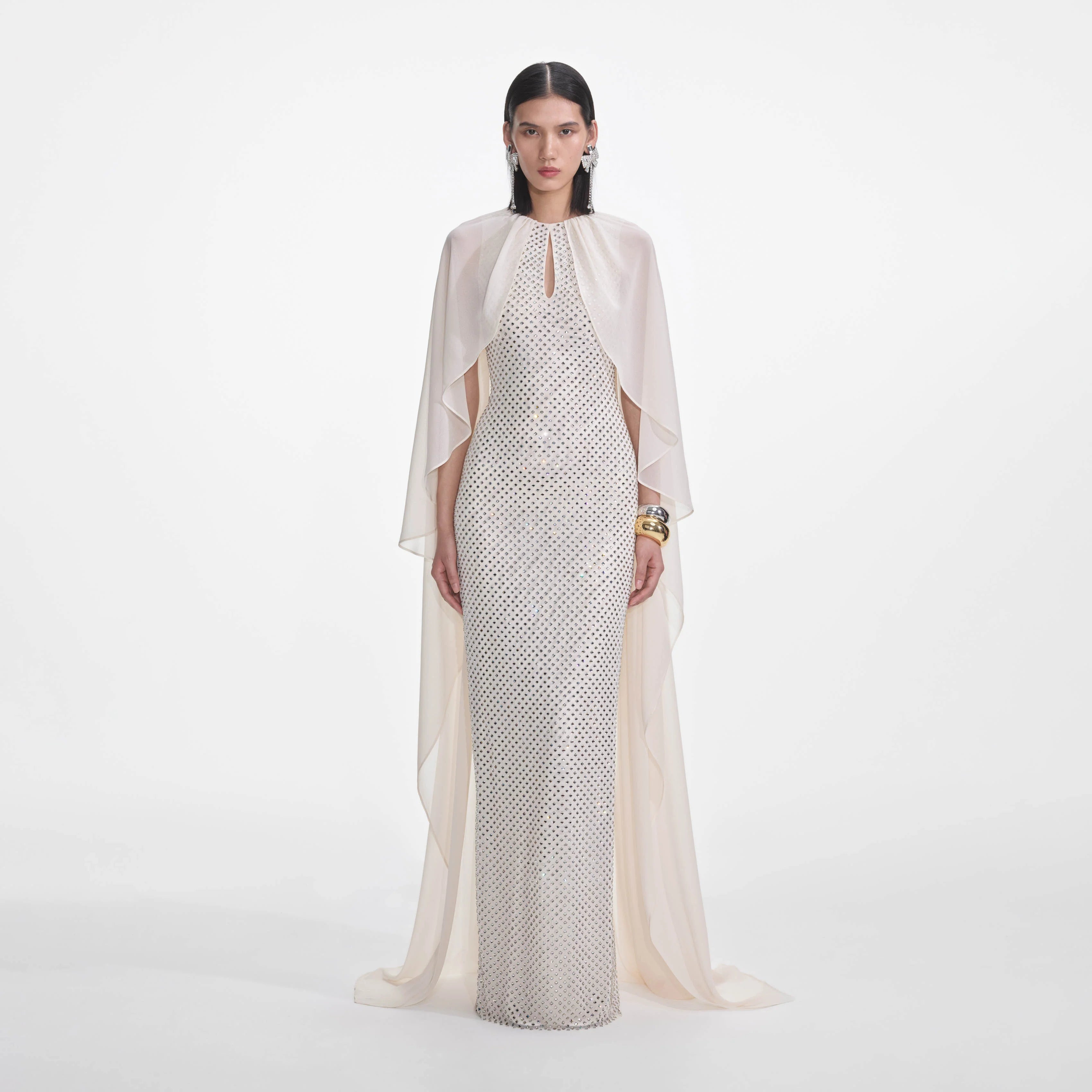 CREAM RHINESTONE CAPE MAXI DRESS