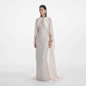 CREAM RHINESTONE CAPE MAXI DRESS