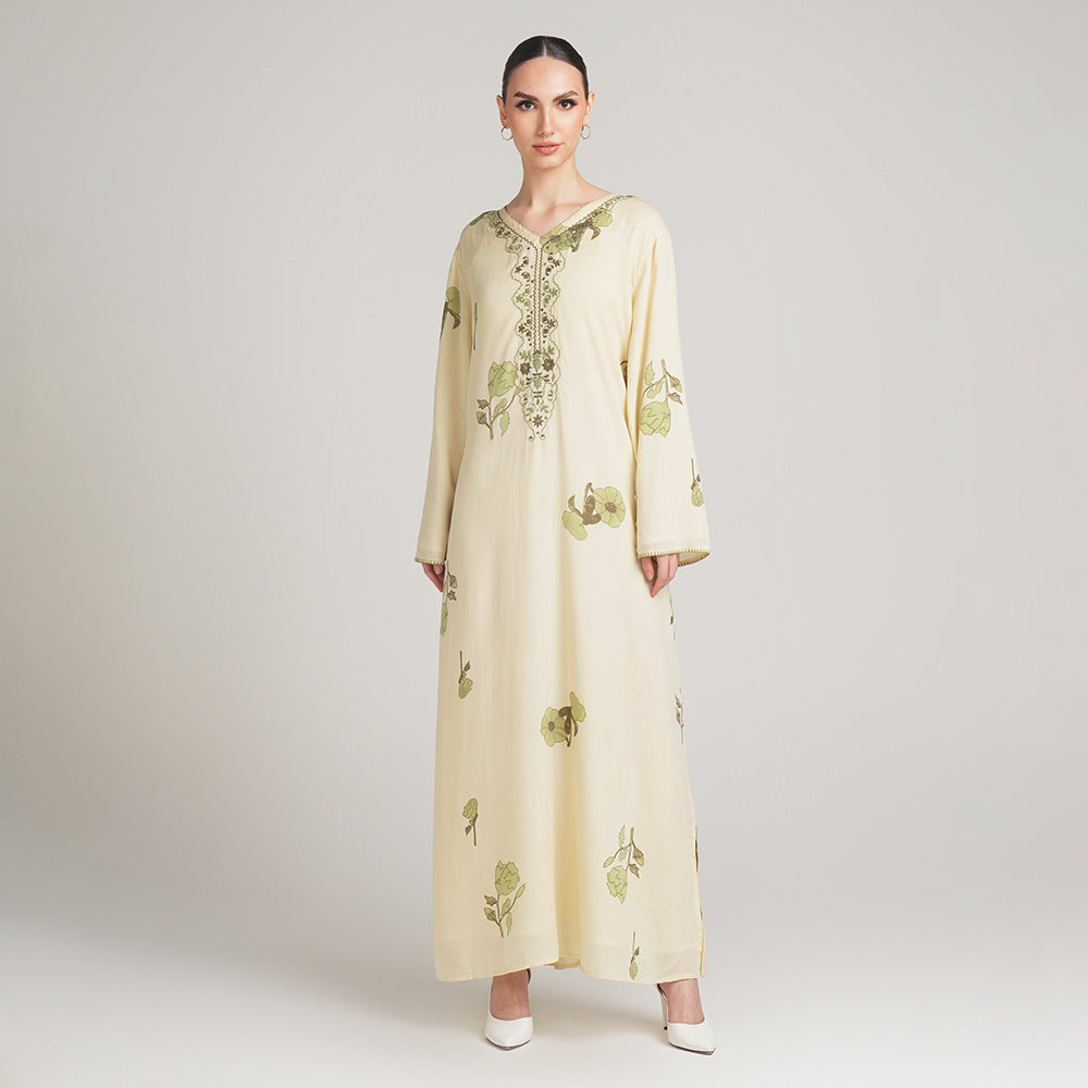 OLIVE COTTON DRESS WITH EMBROIDERY