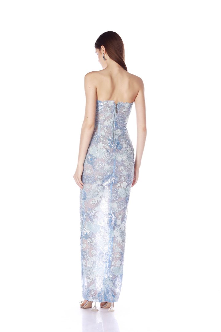 FARAH OCEAN BLUE SEQUIN MULTI STRAPLESS MAXI DRESS