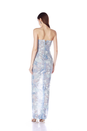 FARAH OCEAN BLUE SEQUIN MULTI STRAPLESS MAXI DRESS