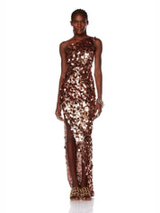 Farah one shoulder gold gown