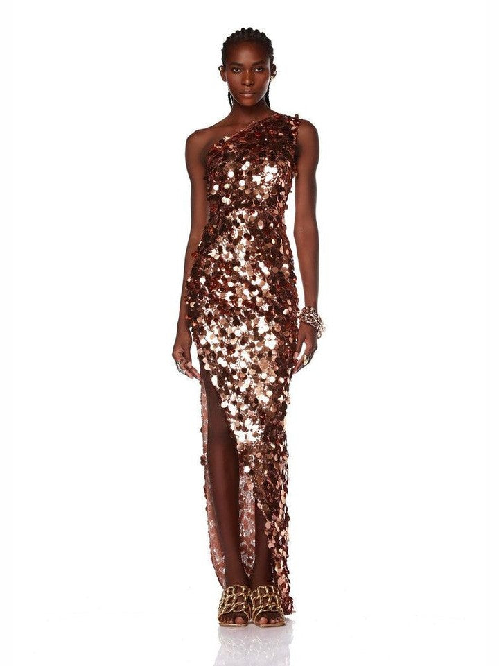 Farah one shoulder gold gown