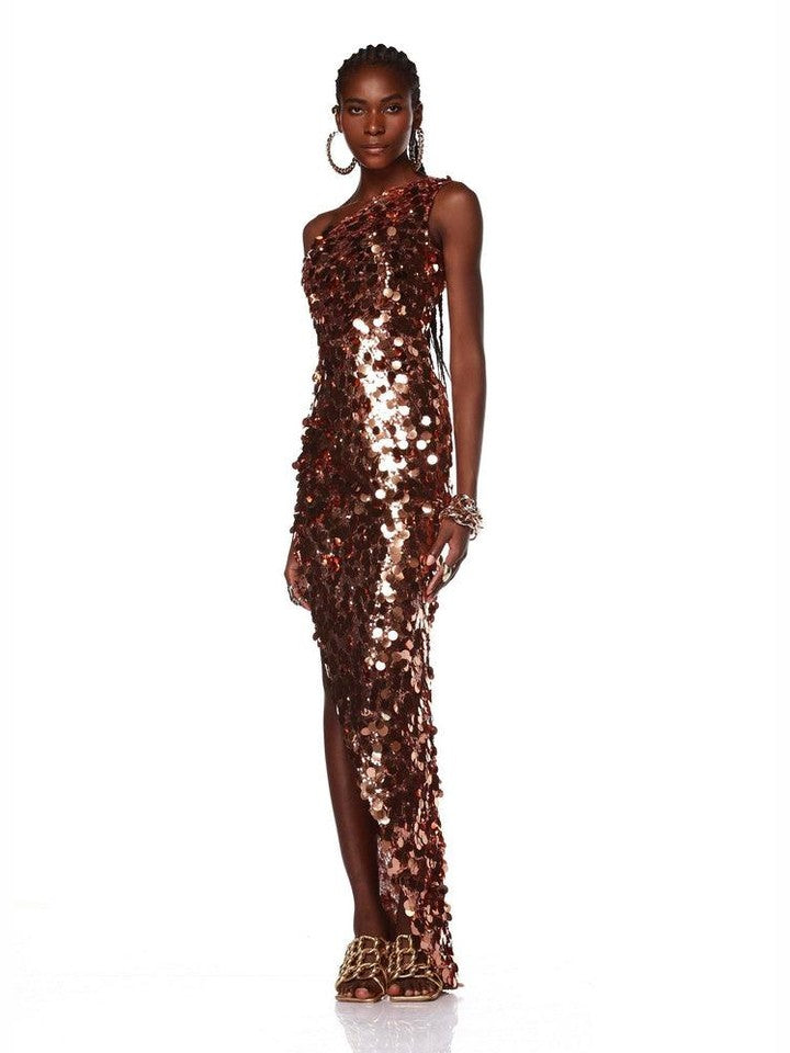 Farah one shoulder gold gown