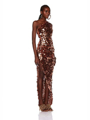 Farah one shoulder gold gown