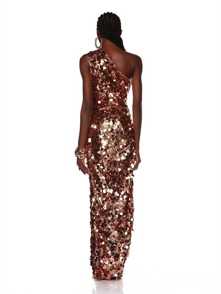 Farah one shoulder gold gown