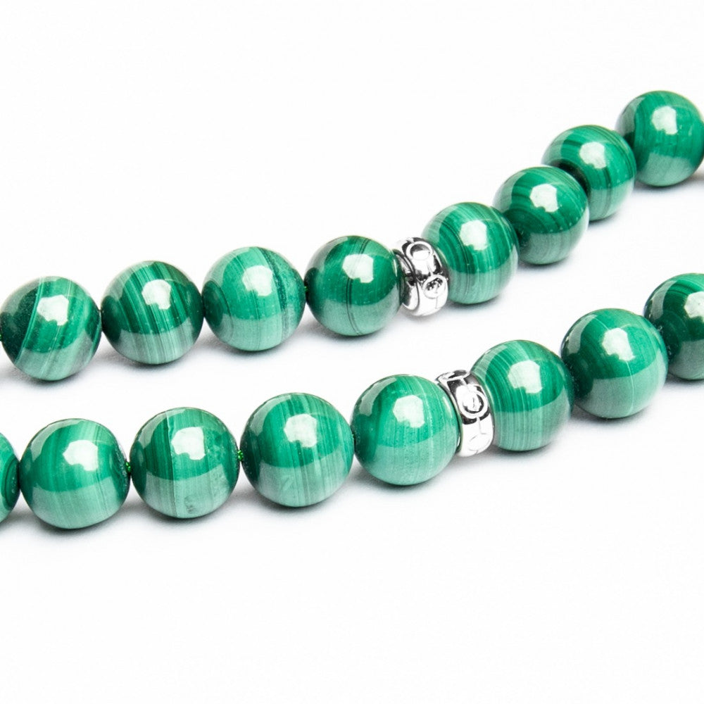 Malachite stone rosary in silver 10 mm